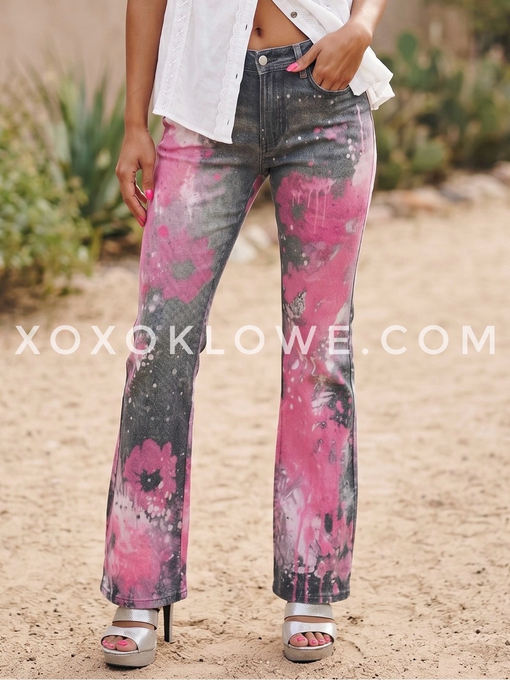 Oli & Hali Pink Paint Splatter Flare Jeans | Black Floral Denim Y2K